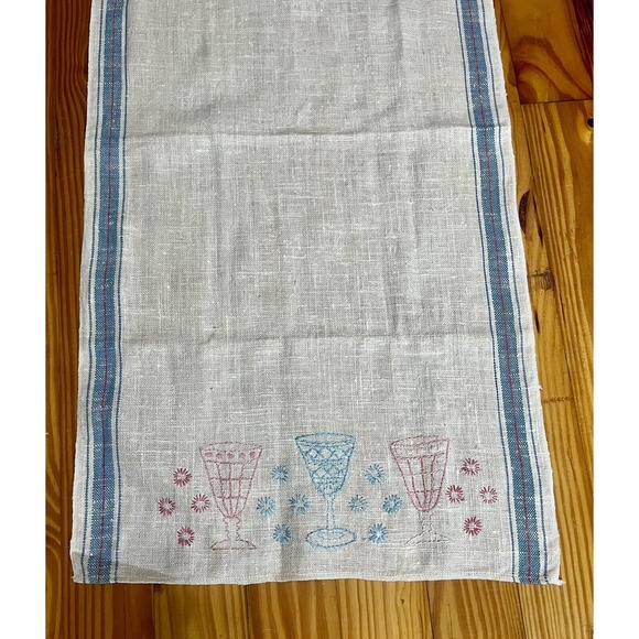 Vtg 50s Embroidered Kitchen Tea Towel Pink Blue Glasses Table Runner Cottagecore - Picture 3 of 11